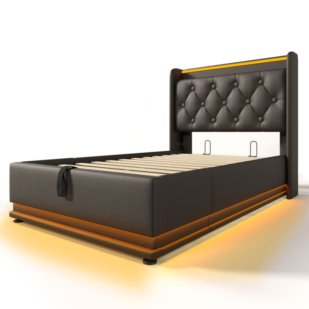 Upholstered Bed, 360 Surround LED Function, Remote Control, Hydraulic Storage Bed With USB, Type-C Charging (Without Mattress)