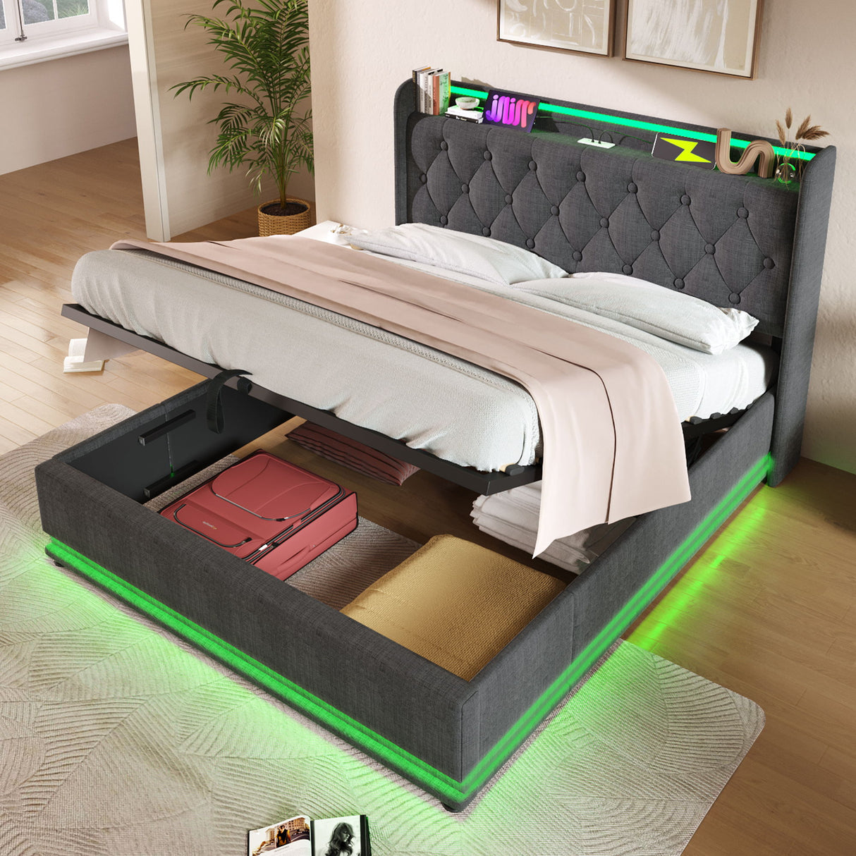 Upholstered Bed, 360 Surround LED Function, Remote Control, Hydraulic Storage Bed With USB, Type-C Charging (Without Mattress)