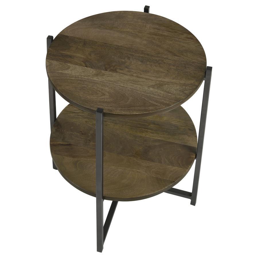 Axel - Round Accent Table With Open Shelf - Natural And Gunmetal by CoasterEssence | Bel Furniture