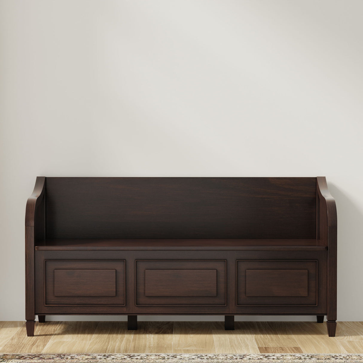 Dark brown wooden storage bench with three panel drawers and curved armrests - Bel Furniture