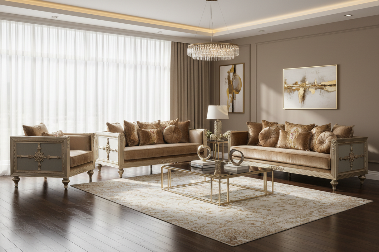 Light Champagne 3-Piece Living Room Set with Sofa, Loveseat & Chair