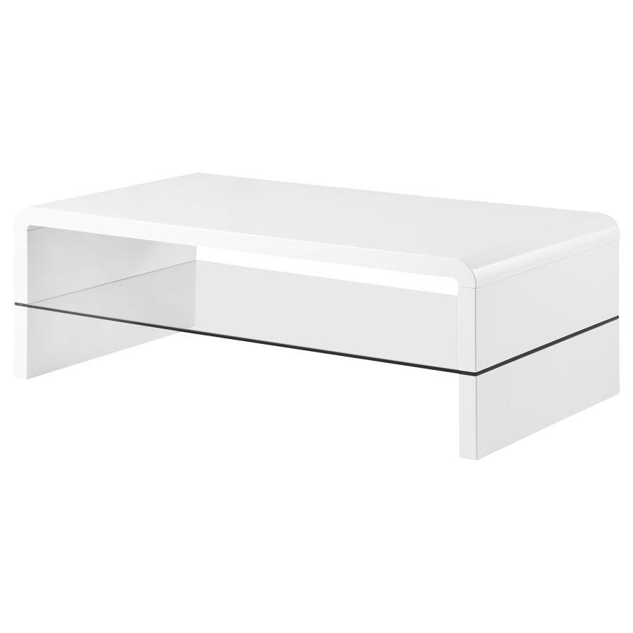 Airell - Rectangular Coffee Table With Shelf - White High Gloss by CoasterEssence | Bel Furniture