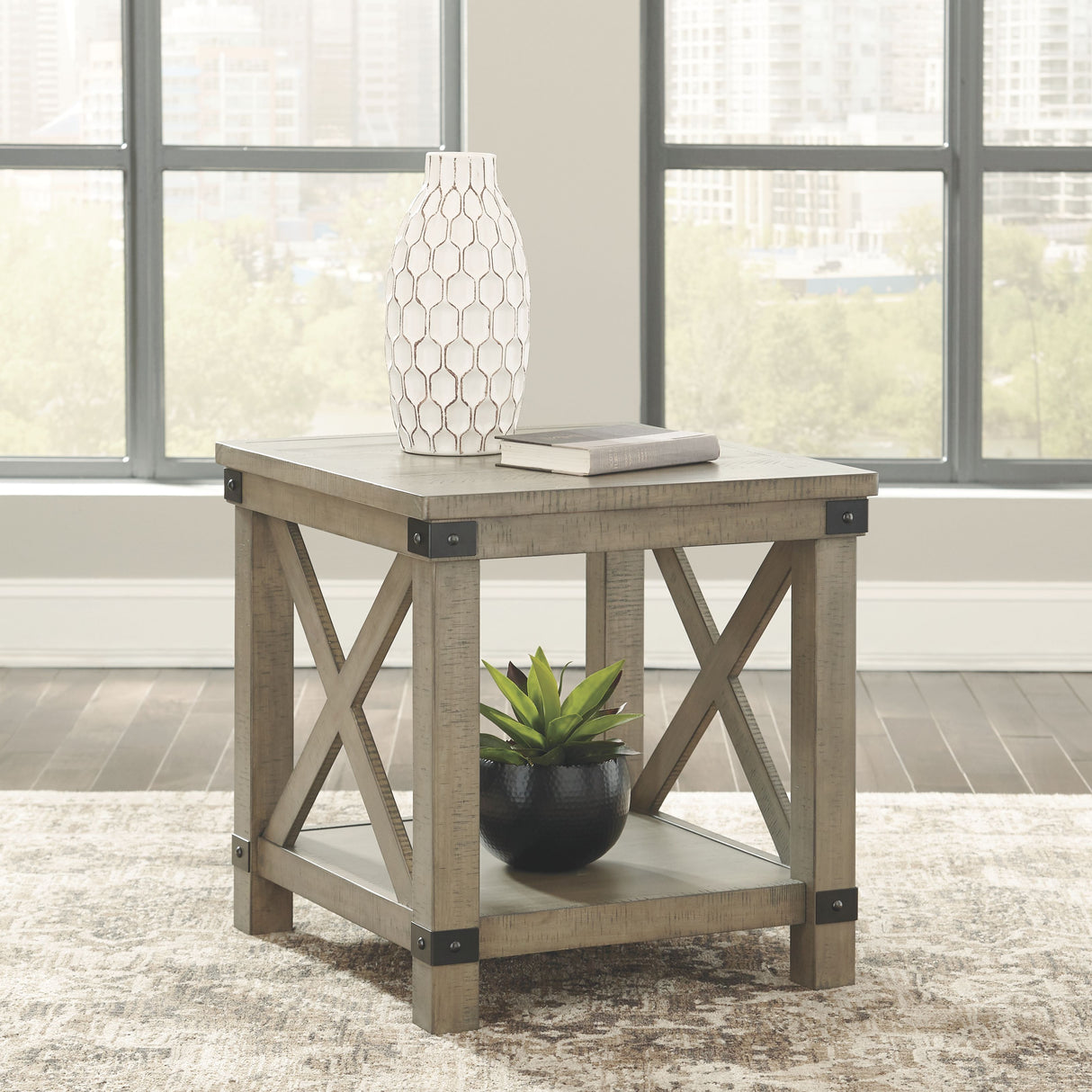 Aldwin - Gray - Rectangular End Table - Crossbuck Styling by Signature Design by Ashley® | Bel Furniture