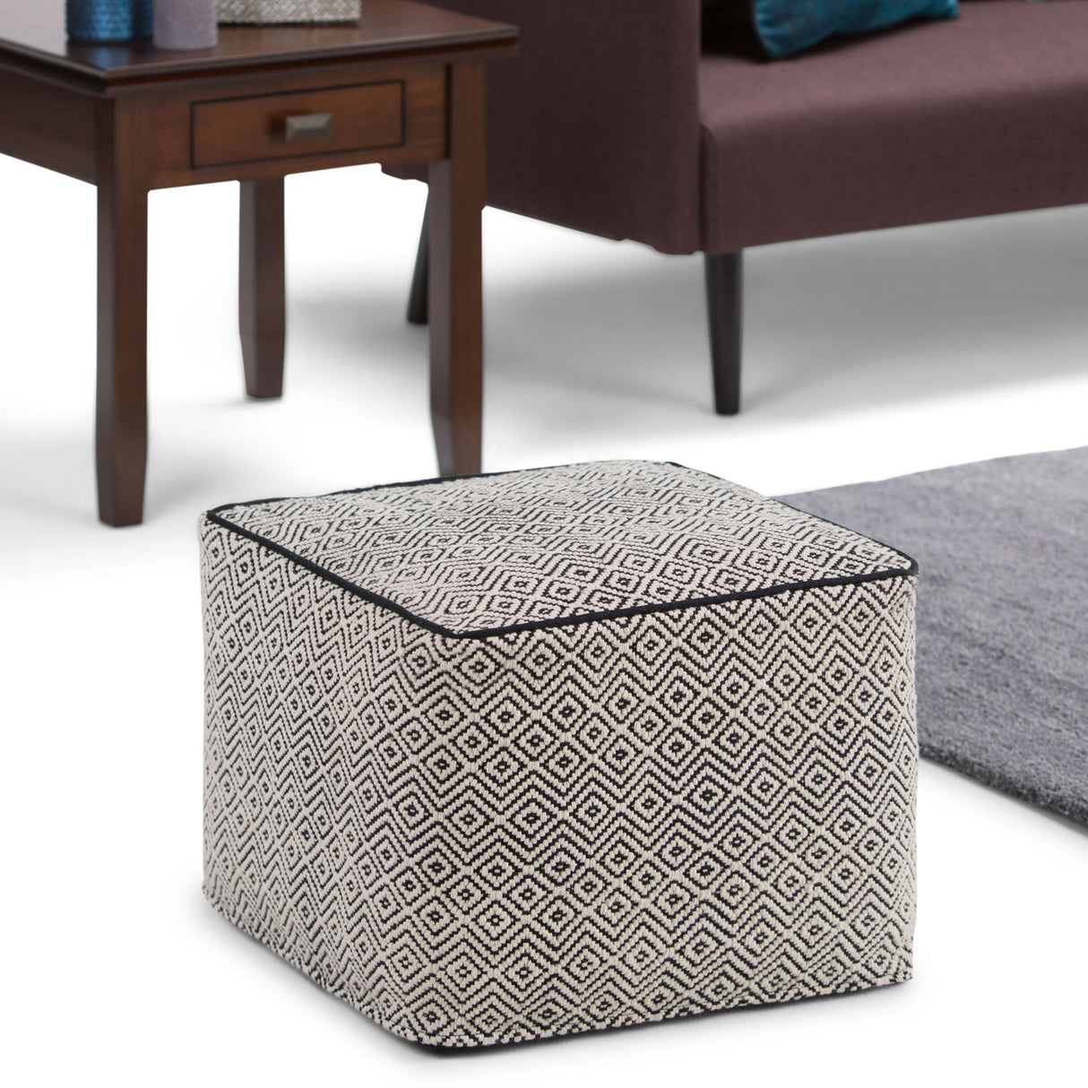 Brynn - Square Pouf - Patterned Black / Natural by Simpli-Home | Bel Furniture