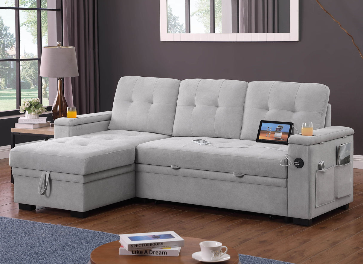 Ashlyn II - 84"W Woven Fabric Reversible Sleeper Sectional Sofa with Storage Chaise by Lilola Home | Bel Furniture