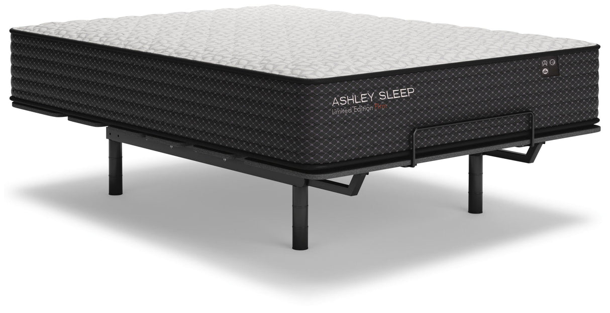 Ashley Sleep Limited Edition Firm innerspring mattress on adjustable bed frame, black textile with gray top - Bel Furniture