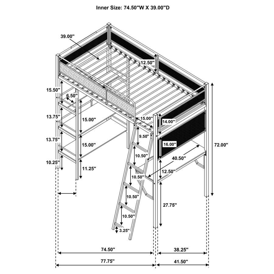 Campus - 3-Shelf Metal Twin Workstation Loft Bed