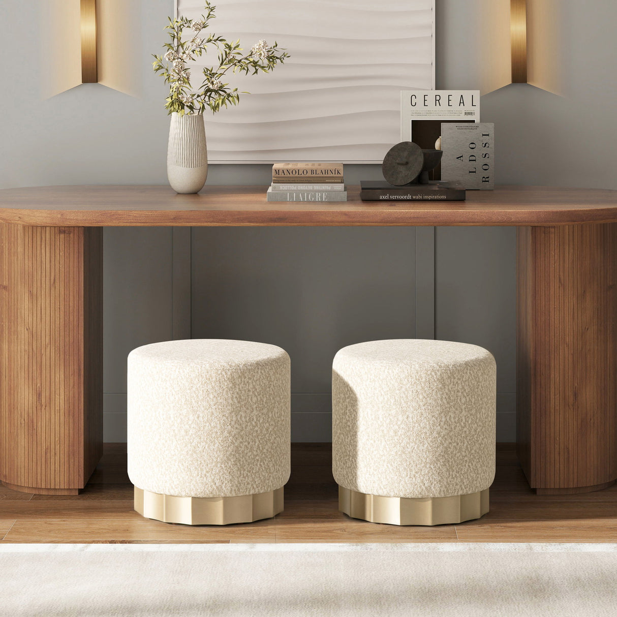 Hampton - Round Upholstered Ottoman With Scalloped Base - Speckled Egg Beige by Jennifer Taylor Home | Bel Furniture