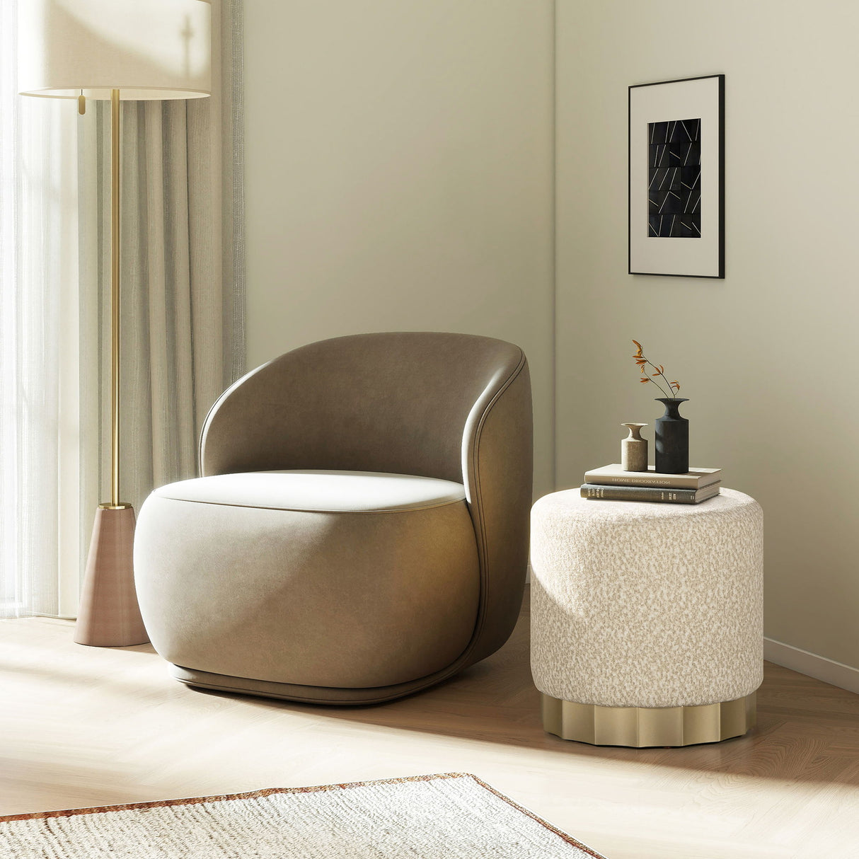 Hampton - Round Upholstered Ottoman With Scalloped Base - Speckled Egg Beige by Jennifer Taylor Home | Bel Furniture