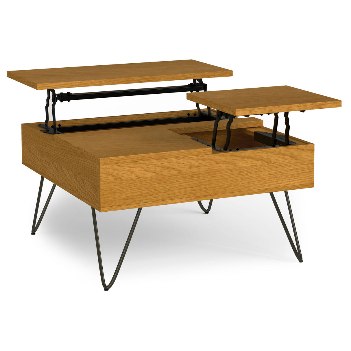 Hunter handcrafted lift top coffee table in golden oak wood with black metal legs and mechanism - Bel Furniture
