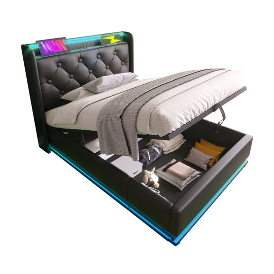 Gray upholstered storage bed with LED headboard and hydraulic lift
