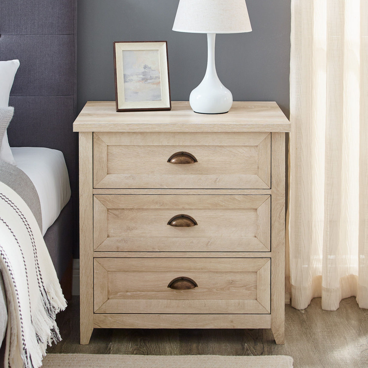 Transitional Farmhouse Framed 3 Drawer Nighstand With Cup Handles by Walker Edison | Bel Furniture