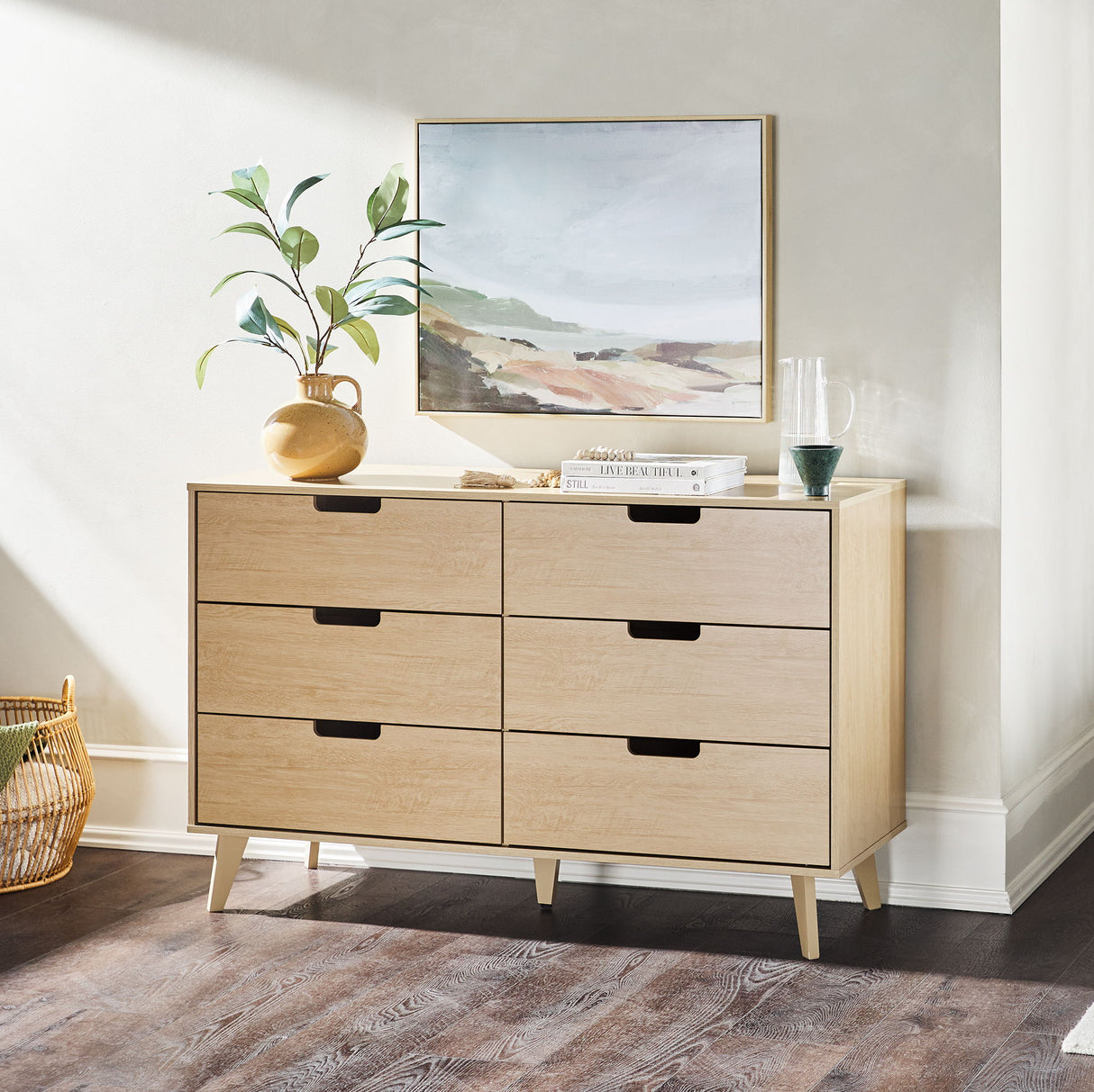 Mid-Century Hans 6 Drawer Dresser With Cut-Out Handles by Walker Edison | Bel Furniture