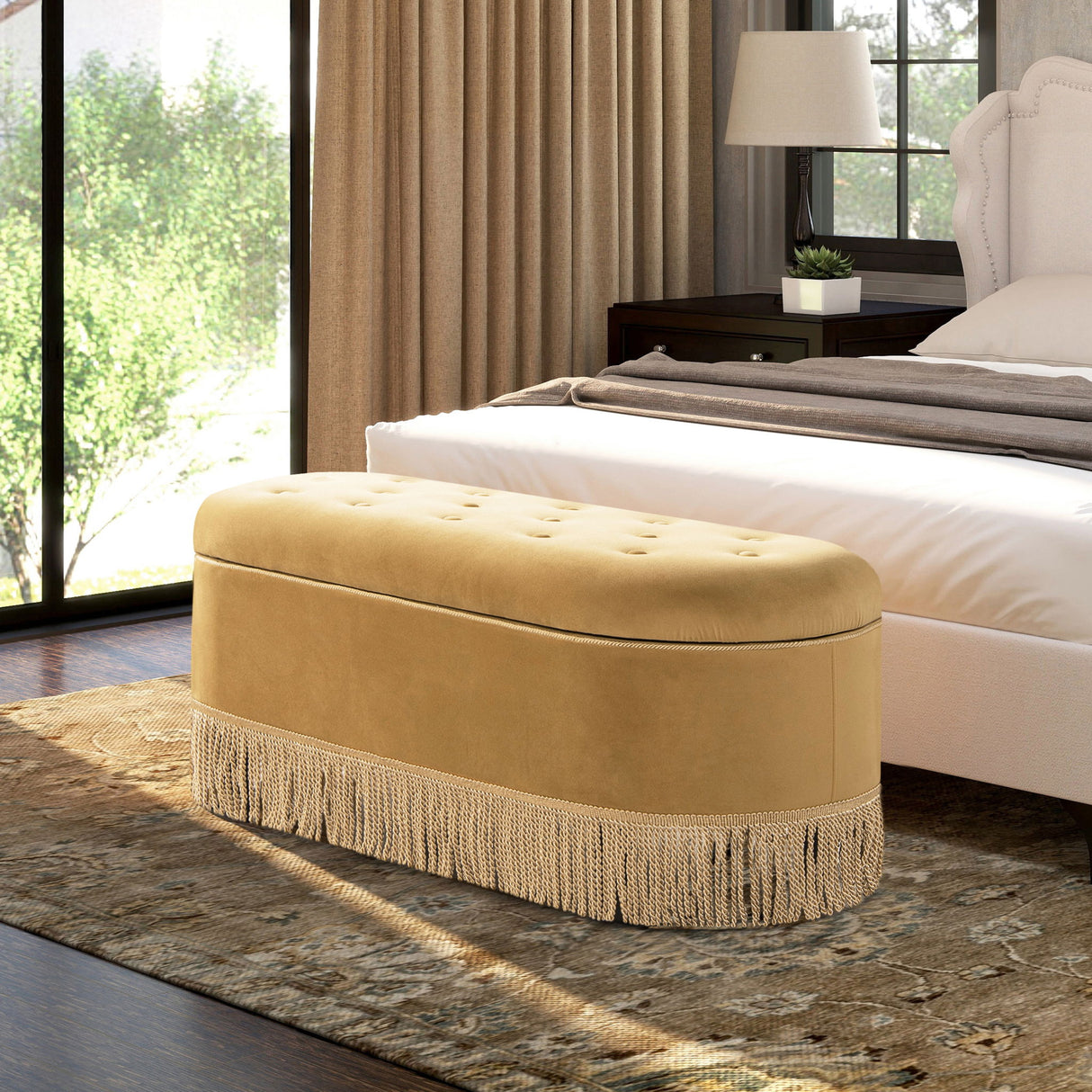 Melinda - Oval Tufted Bullion Fringe Storage Bench by Jennifer Taylor Home | Bel Furniture