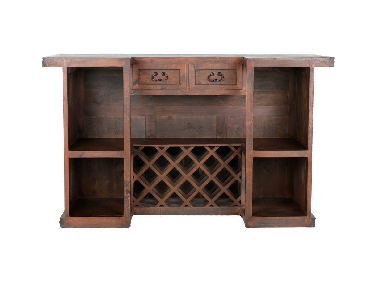 Hacienda Rustic Bar Table with Wine Rack & Open Shelving