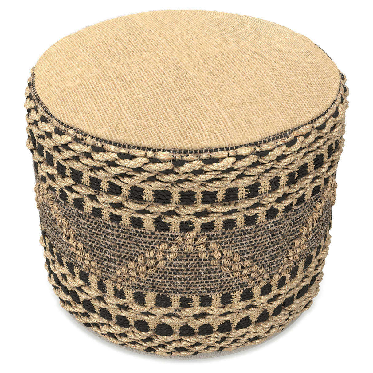 Stella - Round Woven Pouf - Natural / Black by Simpli-Home | Bel Furniture