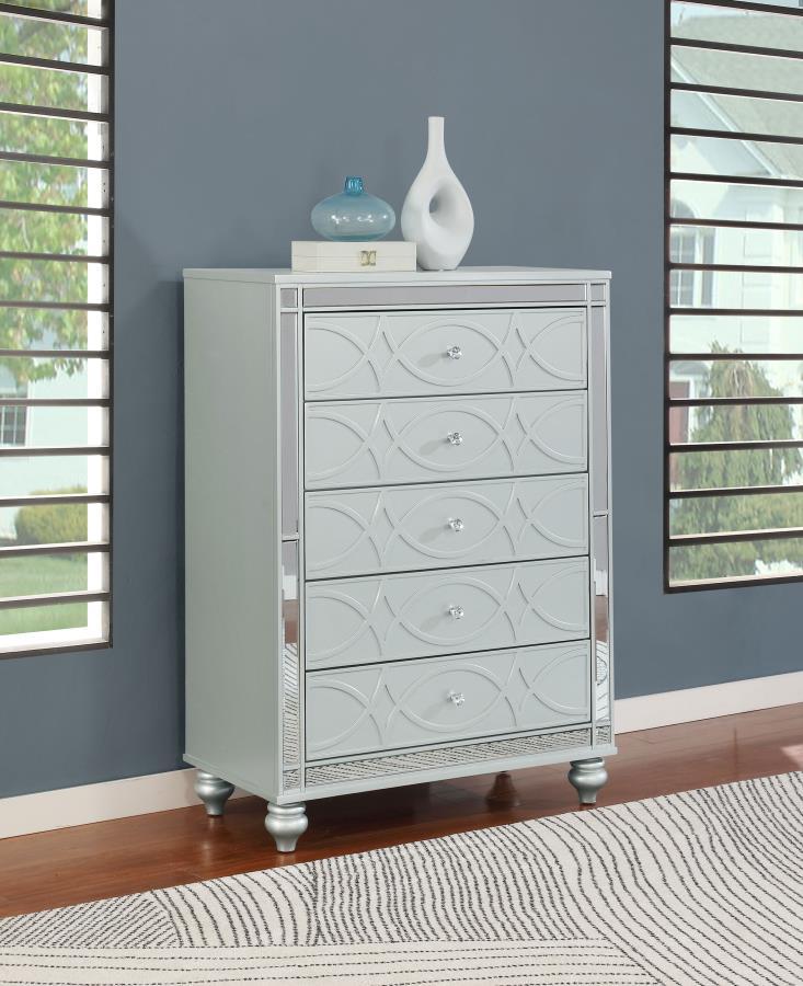 Gunnison - 5-Drawer Bedroom Chest - Silver Metallic by CoasterEssence | Bel Furniture