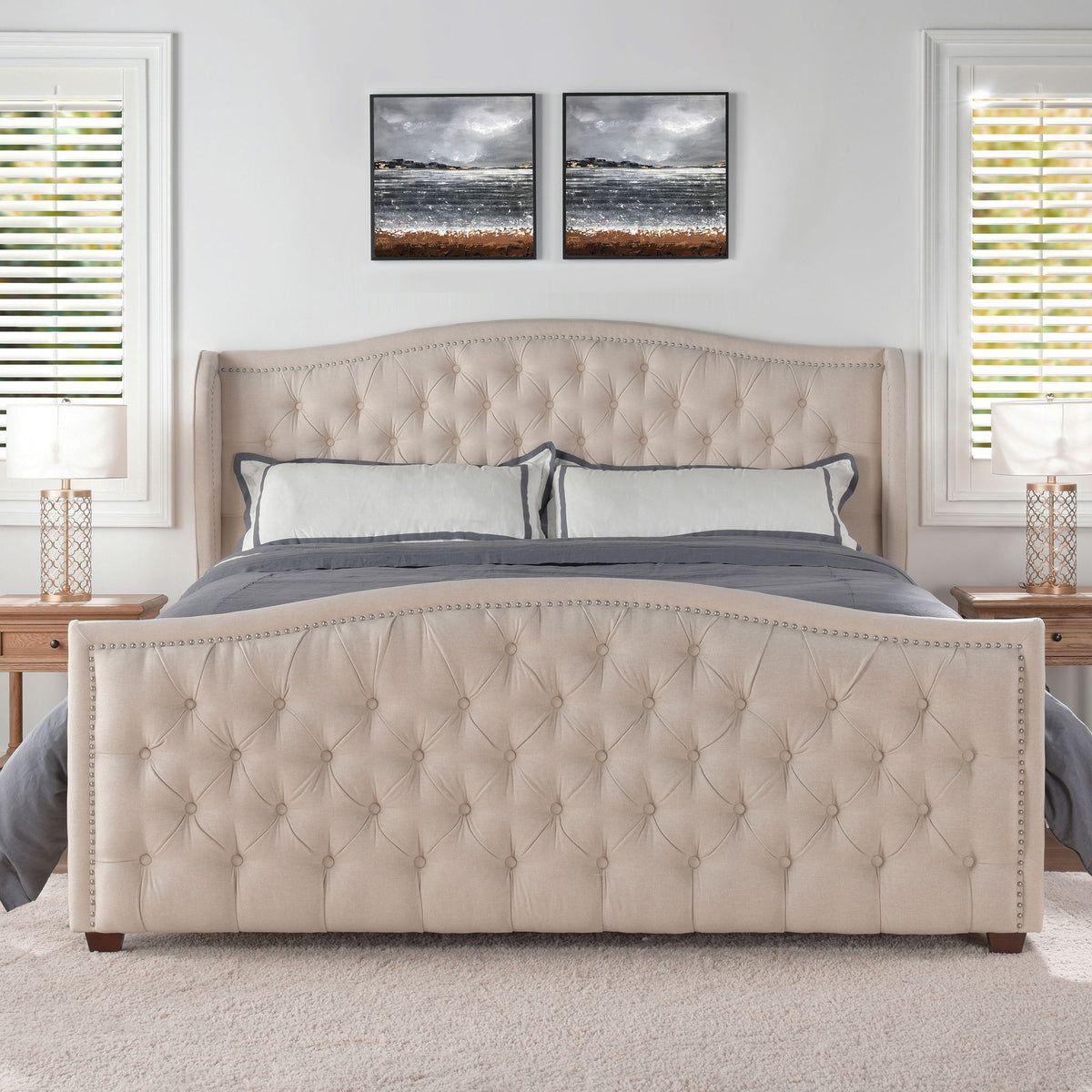 Marcella - King Upholstered Shelter Headboard Bed Set - Beige