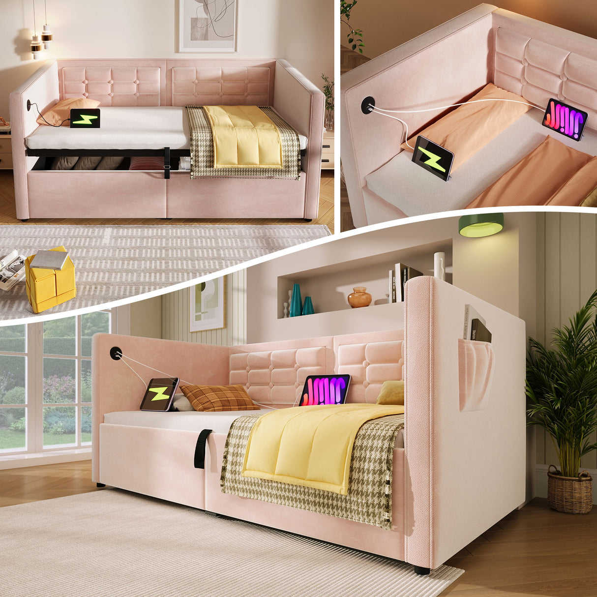 Upholstered Hydraulic Storage Daybed With USB & Type C Charging