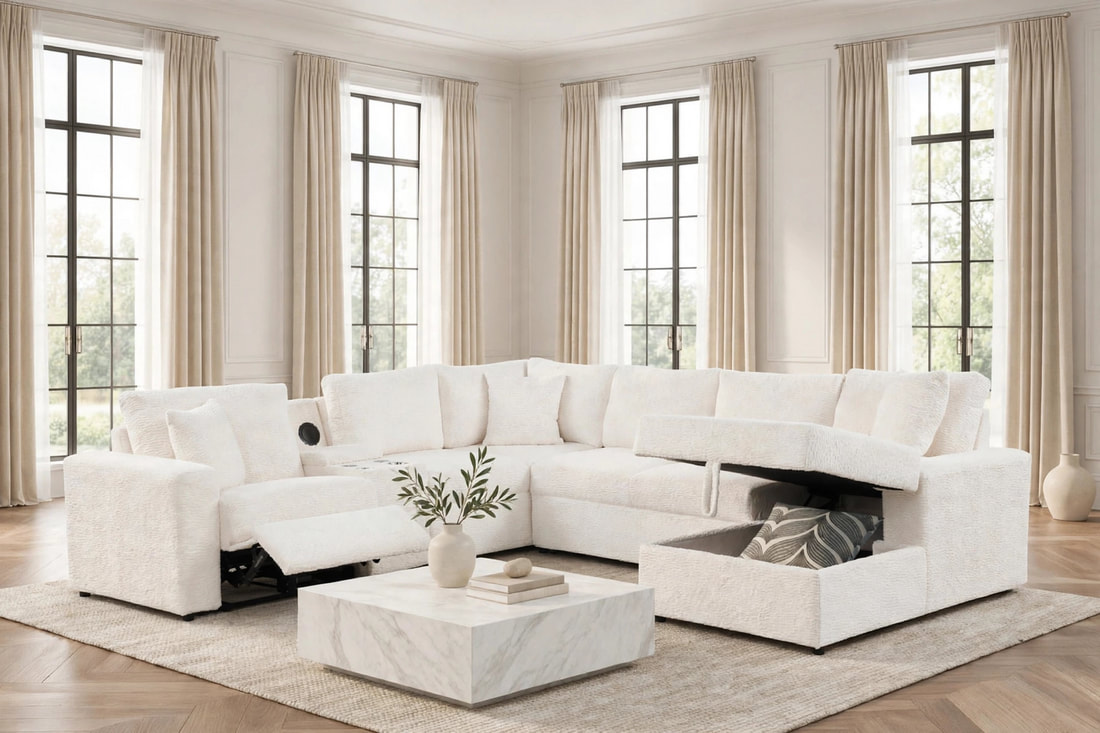 Hunter White Fabric Sleeper Sectional with Recliner, Storage Chaise & Bluetooth Speakers