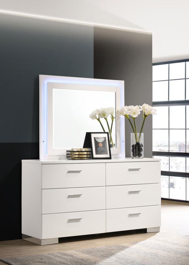 Felicity - 6-Drawer Dresser With LED Mirror - White High Gloss by CoasterEssence | Bel Furniture