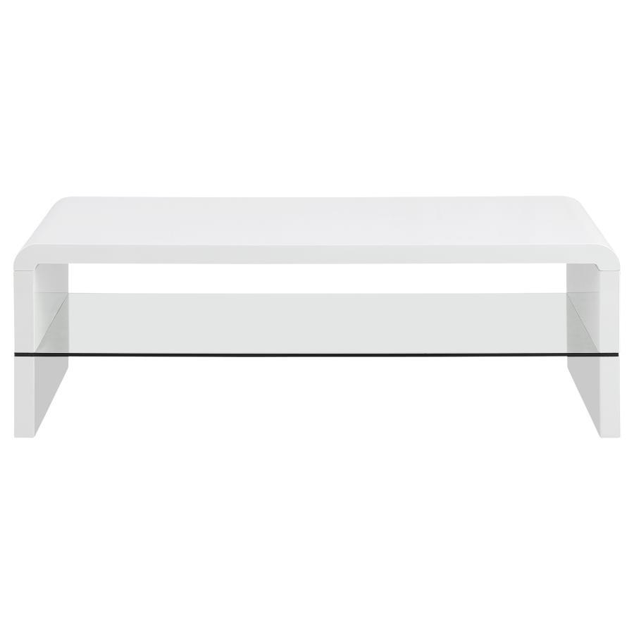 Airell - Rectangular Coffee Table With Shelf - White High Gloss by CoasterEssence | Bel Furniture