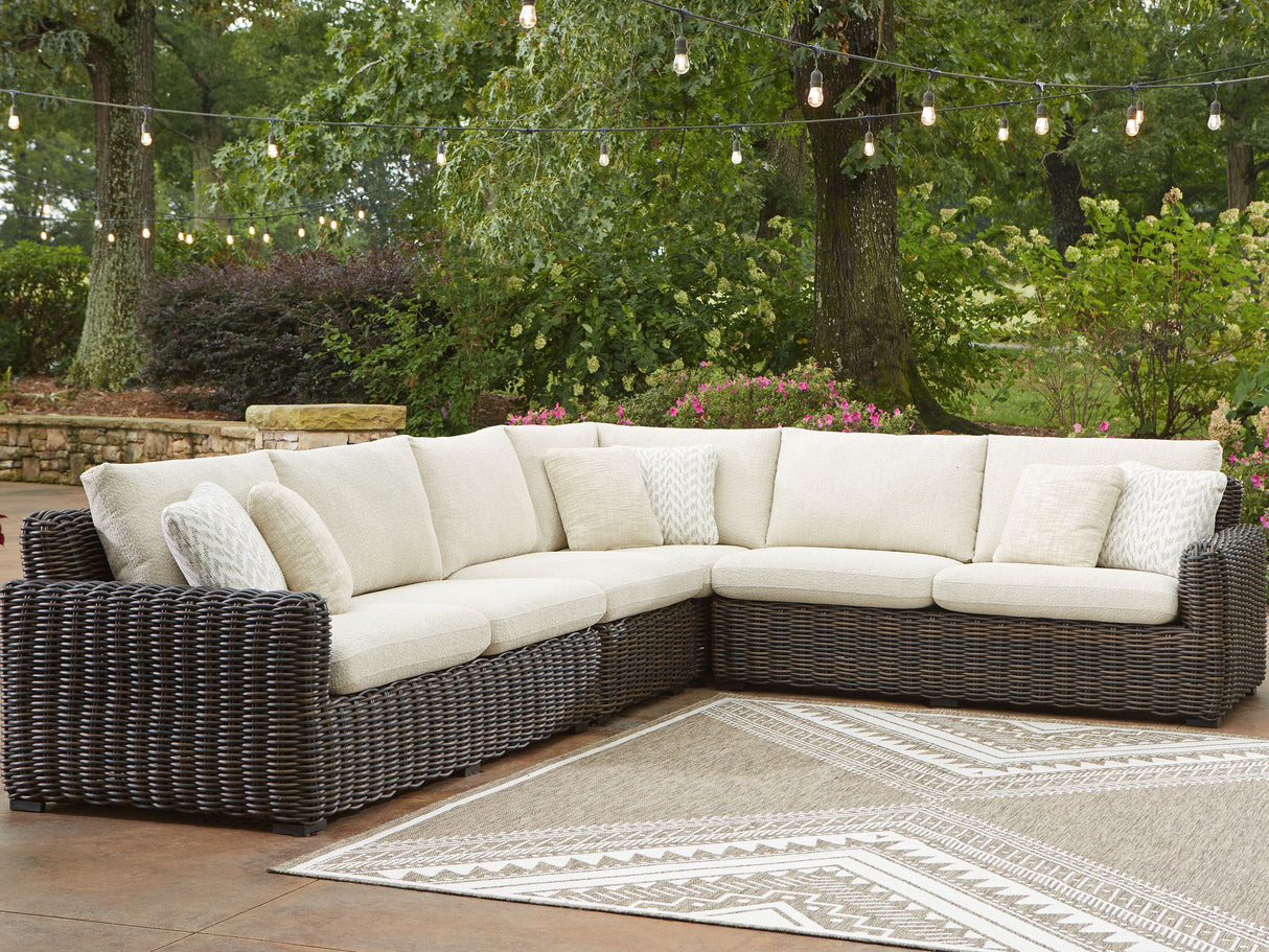 Kimora - Beige / Dark Brown - 7 Pc. - 4-Piece Outdoor Sectional, Swivel Glider Lounge, Cocktail Table, End Table by Signature Design by Ashley® | Bel Furniture