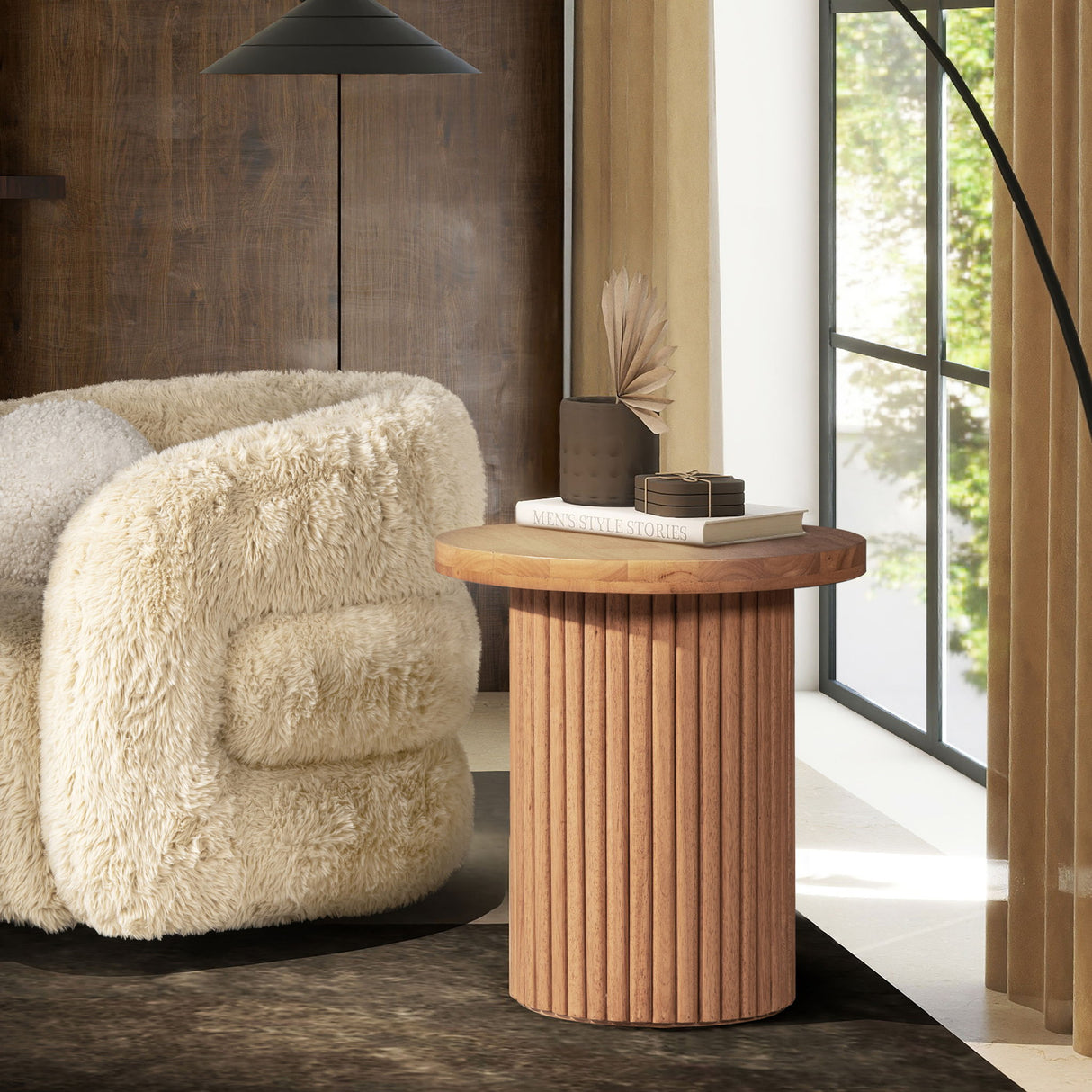 Kenzie - Fluted Pillar Round Accent Side Table - Light Natural Brown by Jennifer Taylor Home | Bel Furniture