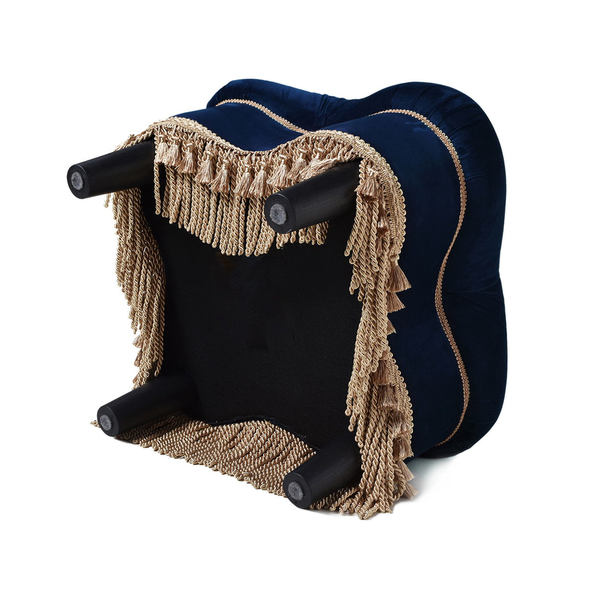Ellen - Upholstered Clover Ottoman With Gold Bullion Fringe - Navy Blue by Jennifer Taylor Home | Bel Furniture