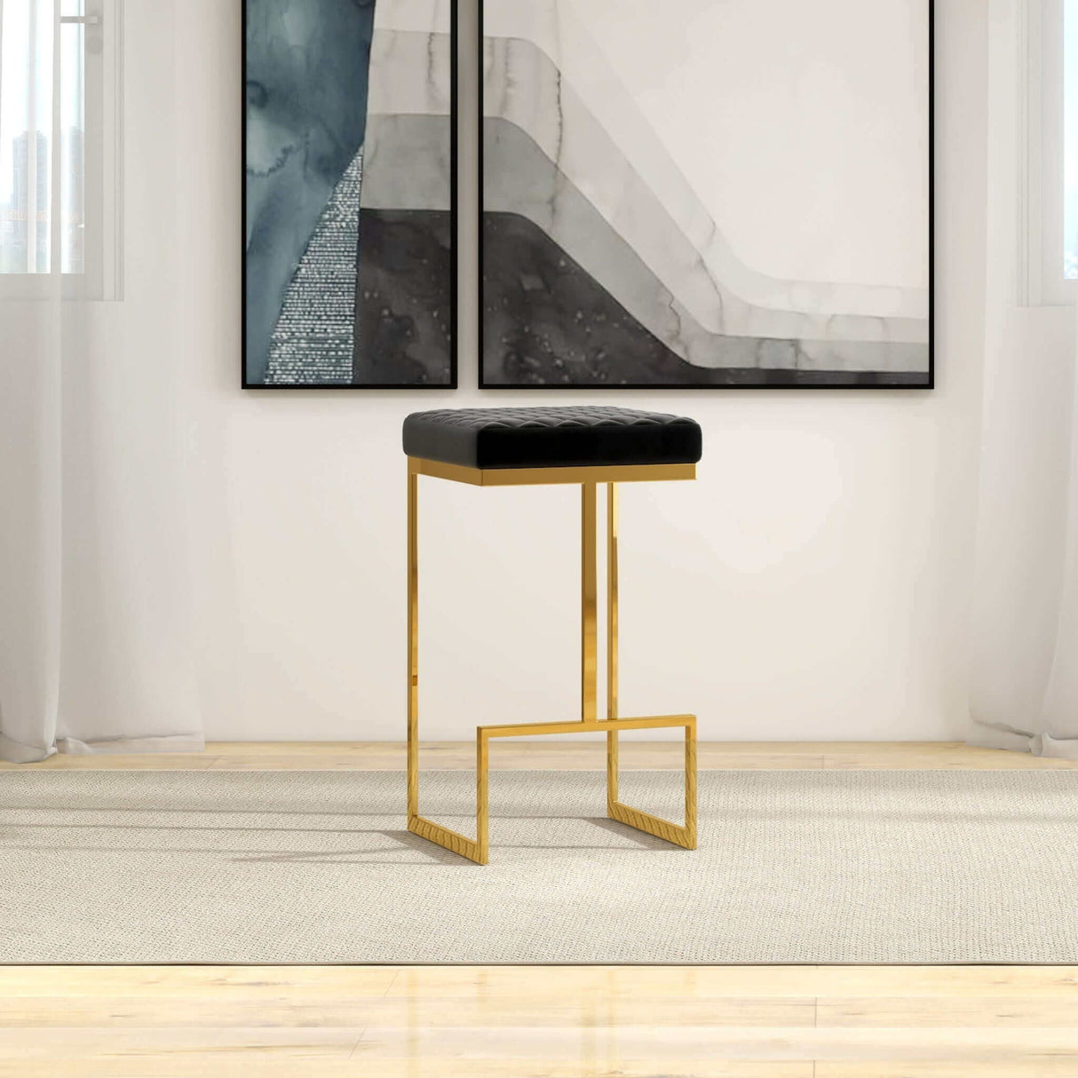 Joel - Mid-Century Modern Luxury Upholstered Stool - Black / Gold by Ashcroft Furniture | Bel Furniture