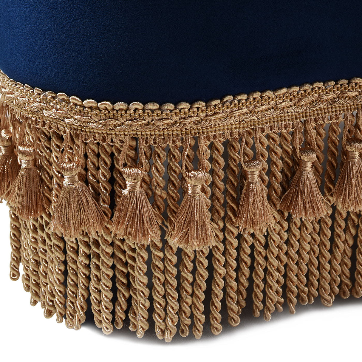 Ellen - Upholstered Clover Ottoman With Gold Bullion Fringe - Navy Blue by Jennifer Taylor Home | Bel Furniture