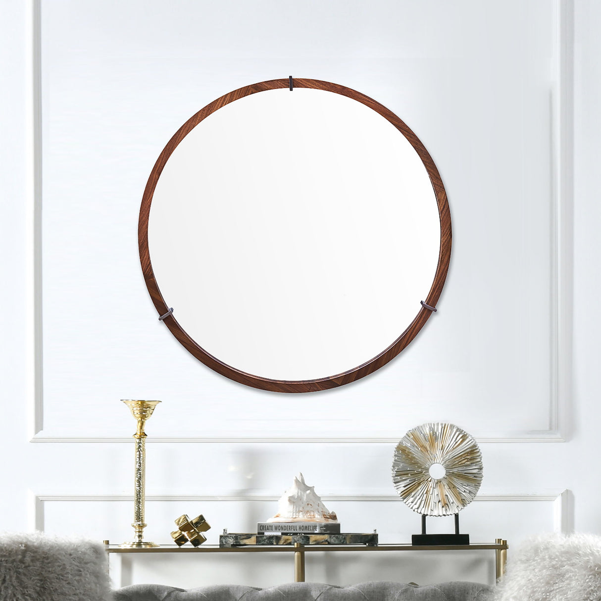 Hausen - Mid-Century Modern Round Accent Wall Mirror - Brown Walnut by Jennifer Taylor Home | Bel Furniture