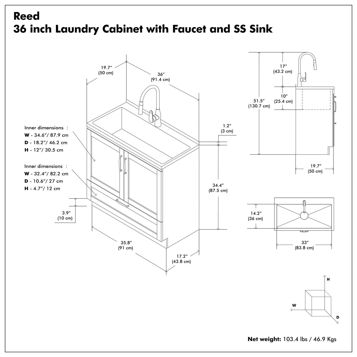 Reed - Deluxe Laundry Cabinet With Pull-Out Faucet And Stainless Steel Sink
