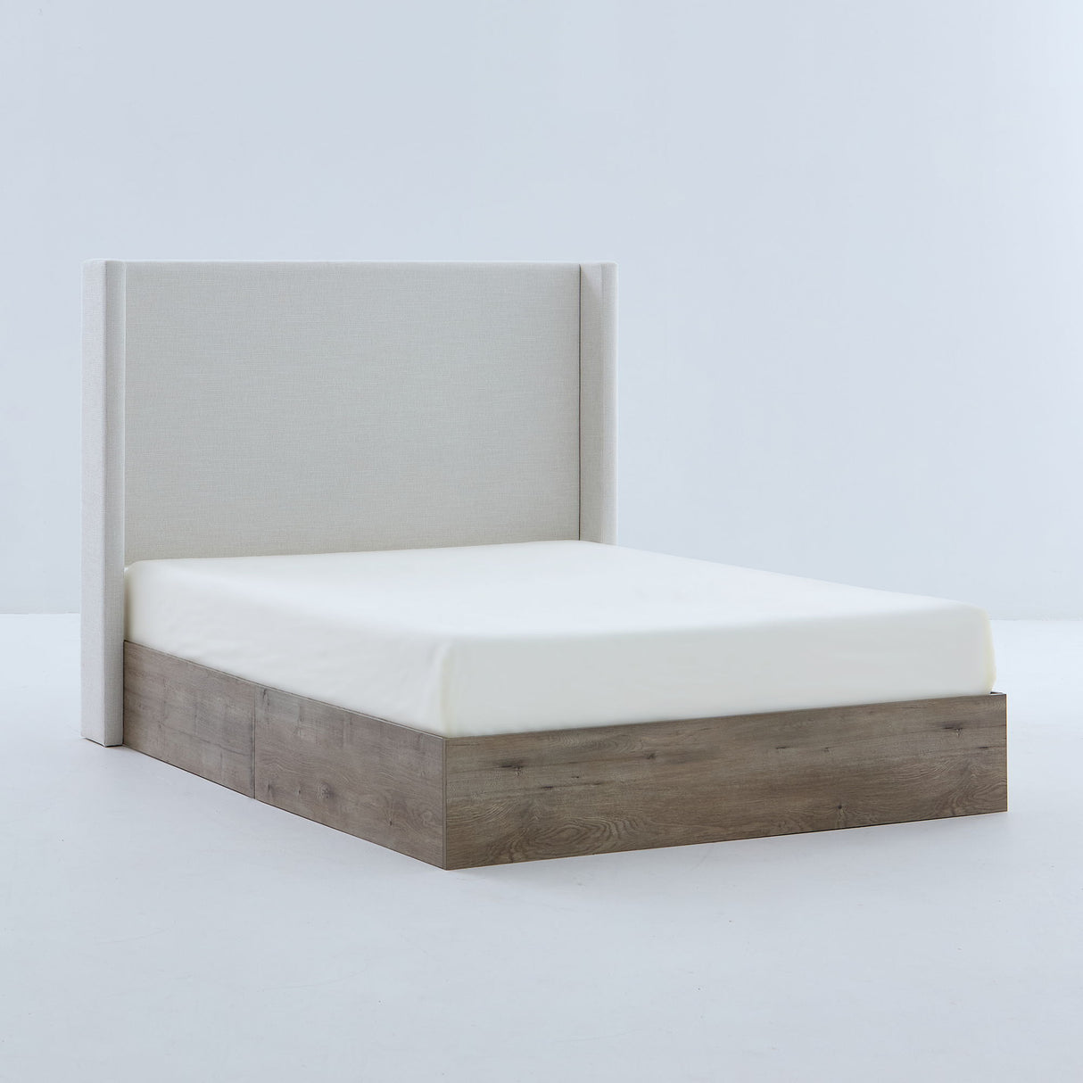 Shelton - Queen Upholstered Wingback Bed With 54" High Headboard - Ivory / Light Gray / Camel Oak