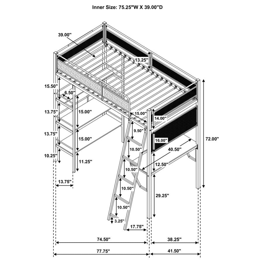 Campus - 3-Shelf Metal Twin Workstation Loft Bed