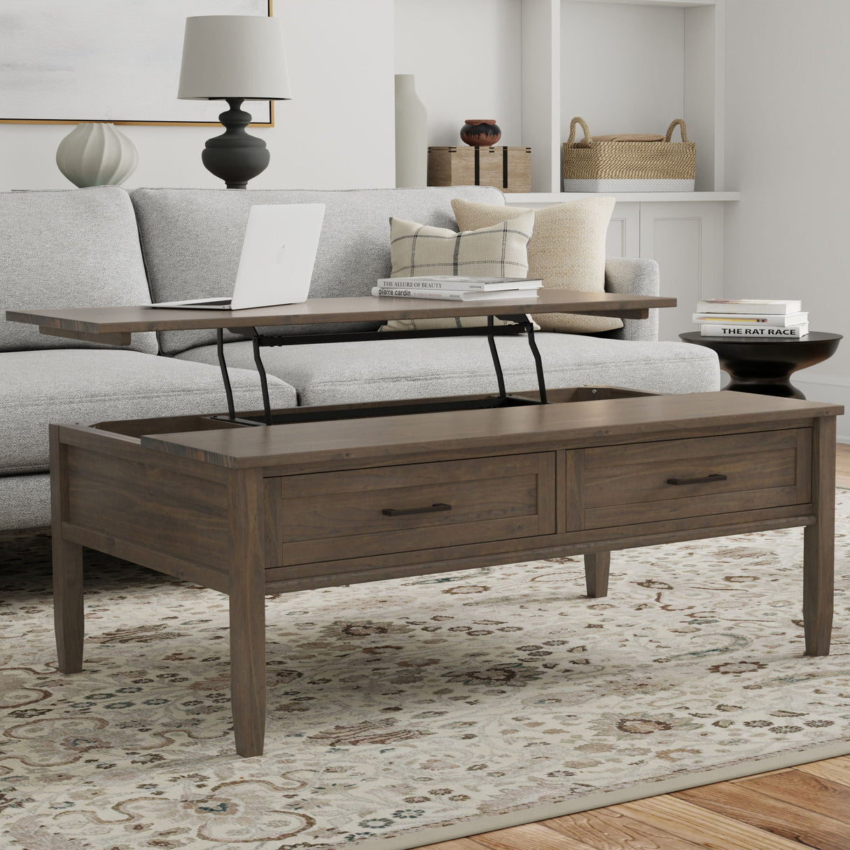 Ela - Lift Top Coffee Table - Smoky Brown by Simpli-Home | Bel Furniture