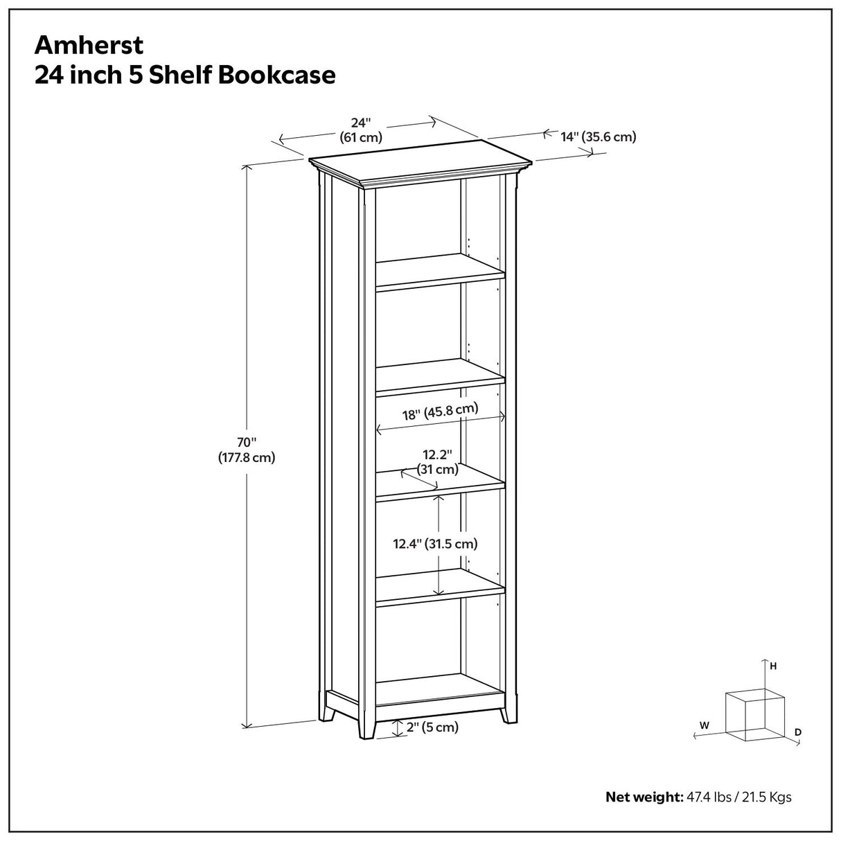 Amherst - 5 Shelf Bookcase, Handcrafted