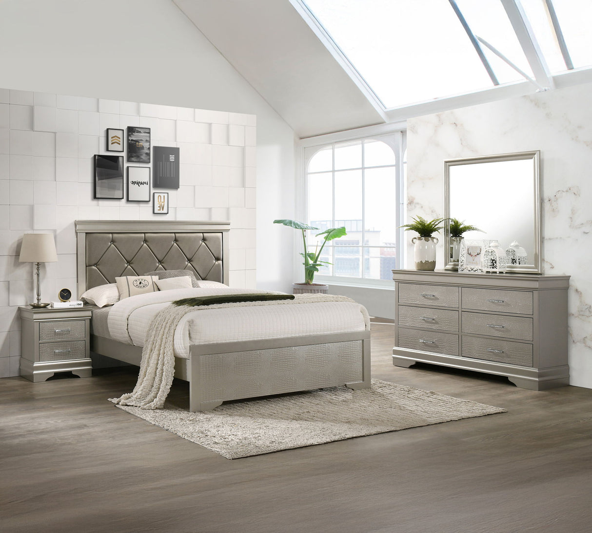 Amalia - Bedroom Set Pearl Silver 4 Pc. Bed, Dresser, mirror, Nightstand by Crown Mark | Bel Furniture