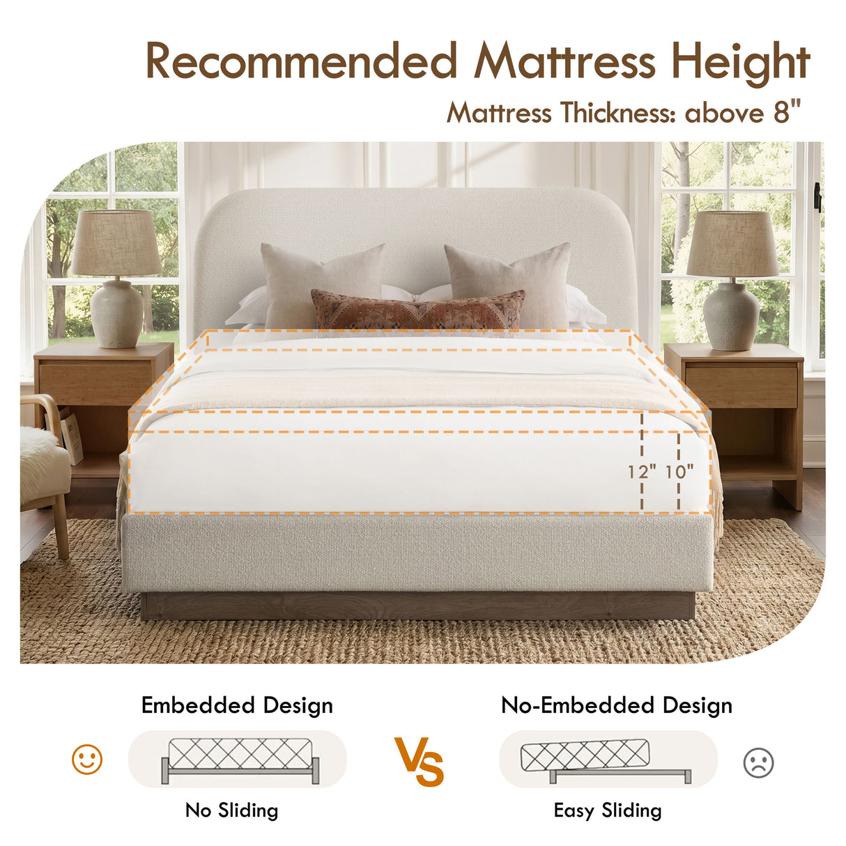 Linton - Queen Size Upholstered Platform Bed - Cream White / Light Grey / Camel Oak