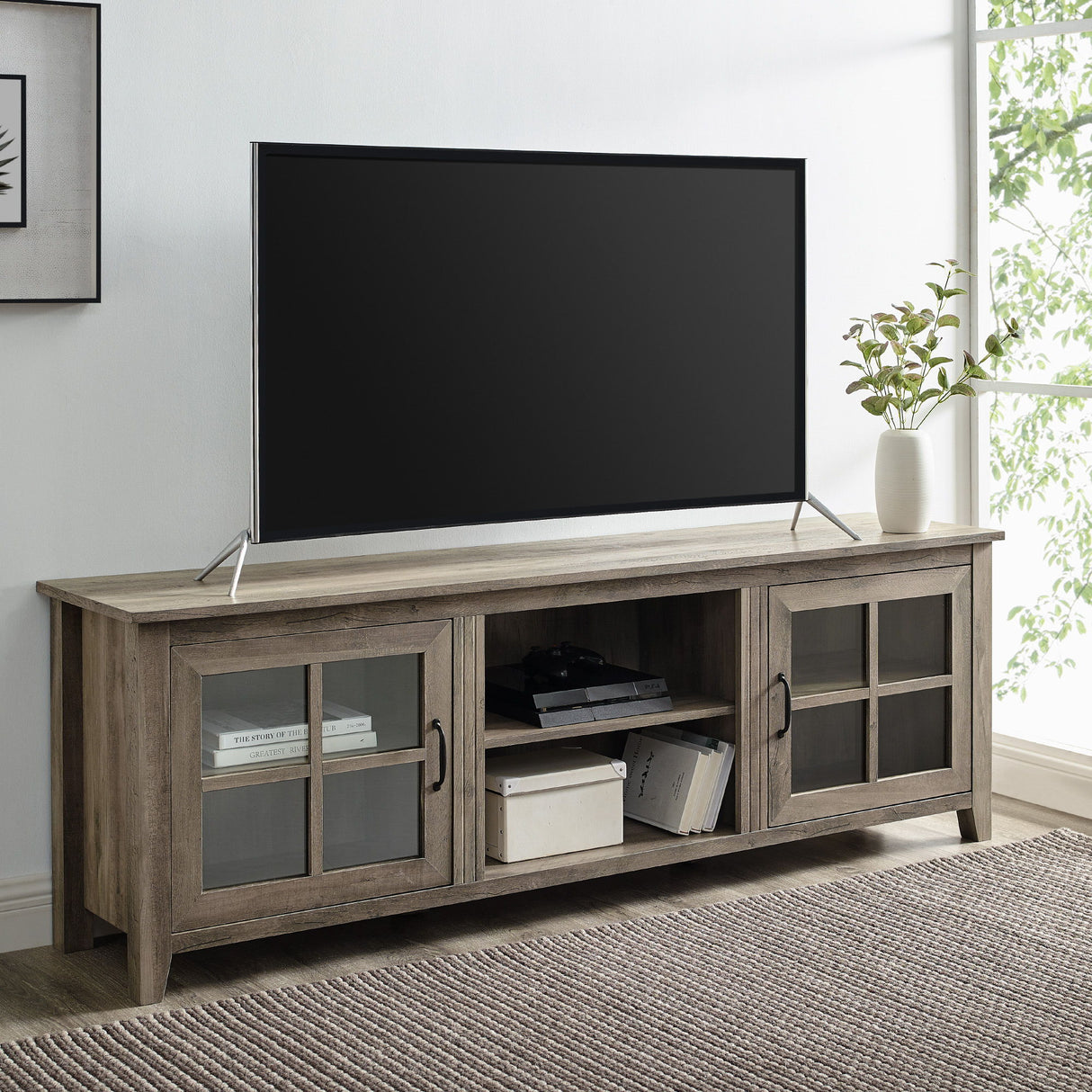 Modern Farmhouse 2 Door Glass Windowpane 70" TV Stand For 80" TVs by Walker Edison | Bel Furniture