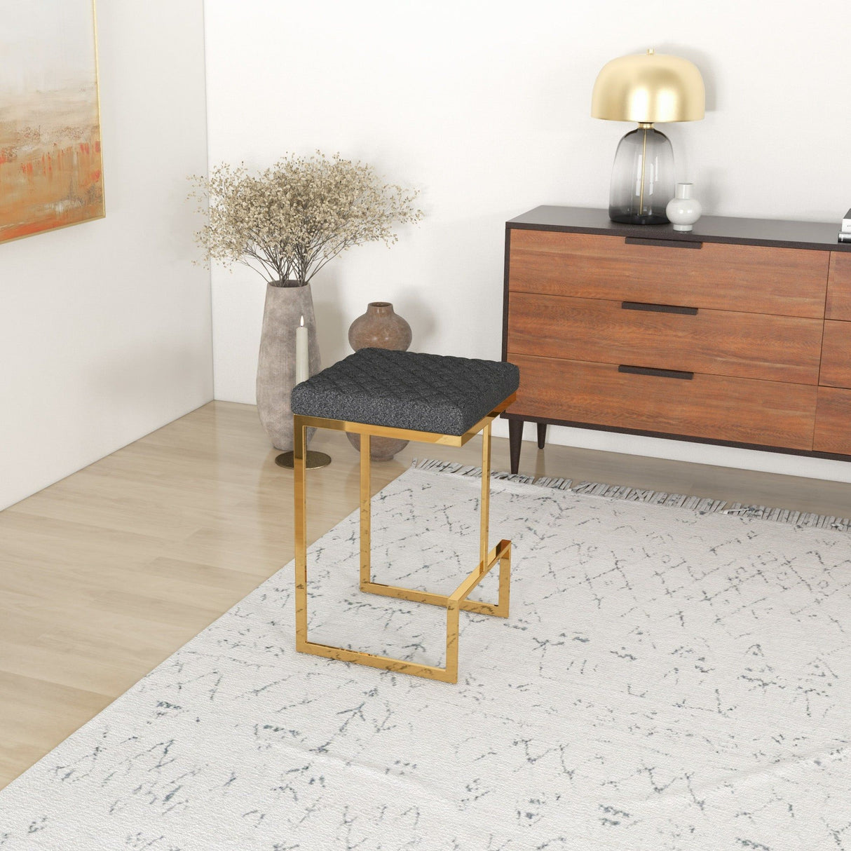 Joel - Mid-Century Modern Luxury Upholstered Stool - Black / Gold by Ashcroft Furniture | Bel Furniture