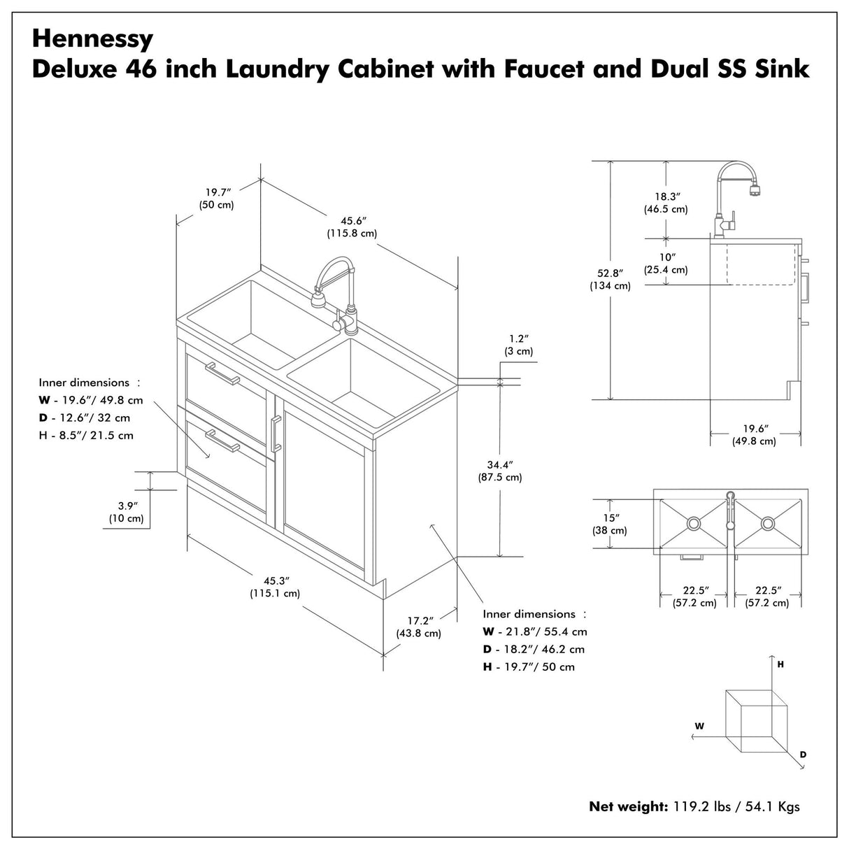 Hennessy - Laundry Utility Sink And Cabinet With Dual Sink And Pull Out Faucet - White