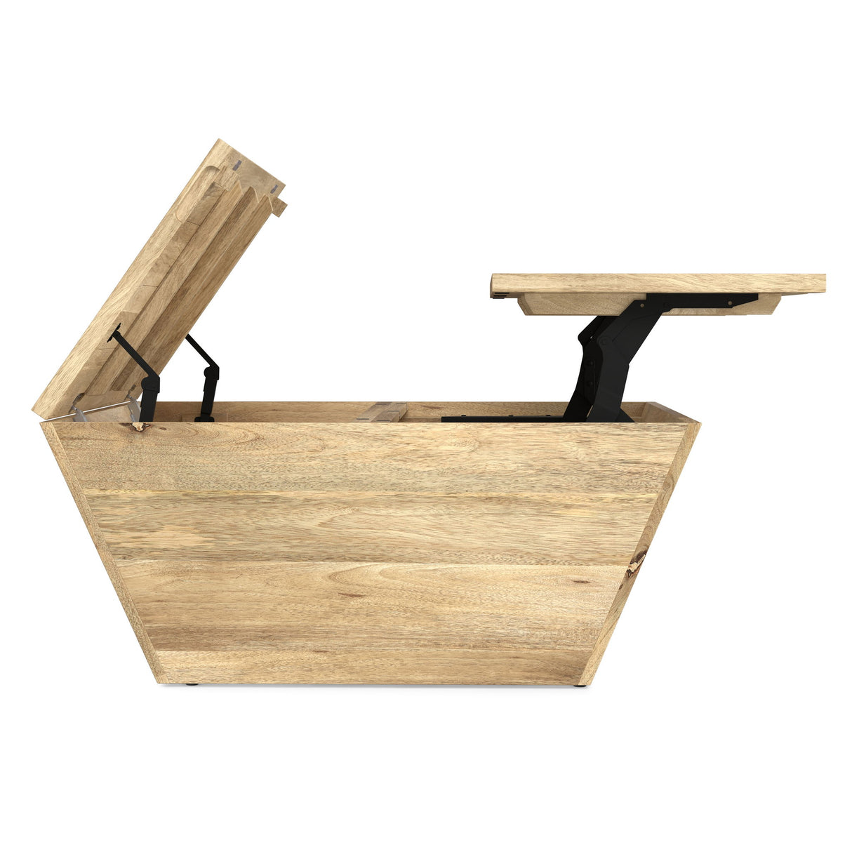 Simpli-Home Abba handcrafted oak coffee table with lift-top storage and black metal mechanisms - Bel Furniture
