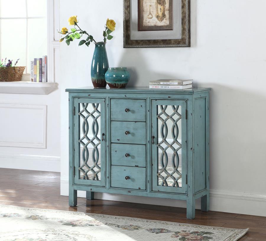 Rue - 4-Drawer Wood Trellis Accent Storage Cabinet - Blue by CoasterEveryday | Bel Furniture
