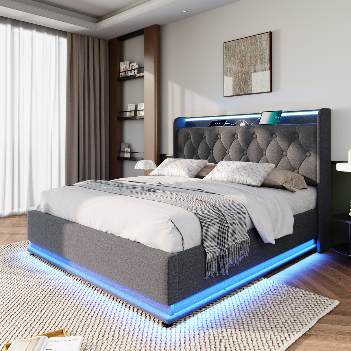 Upholstered Bed, 360 Surround LED Function, Remote Control, Hydraulic Storage Bed With USB, Type-C Charging (Without Mattress)