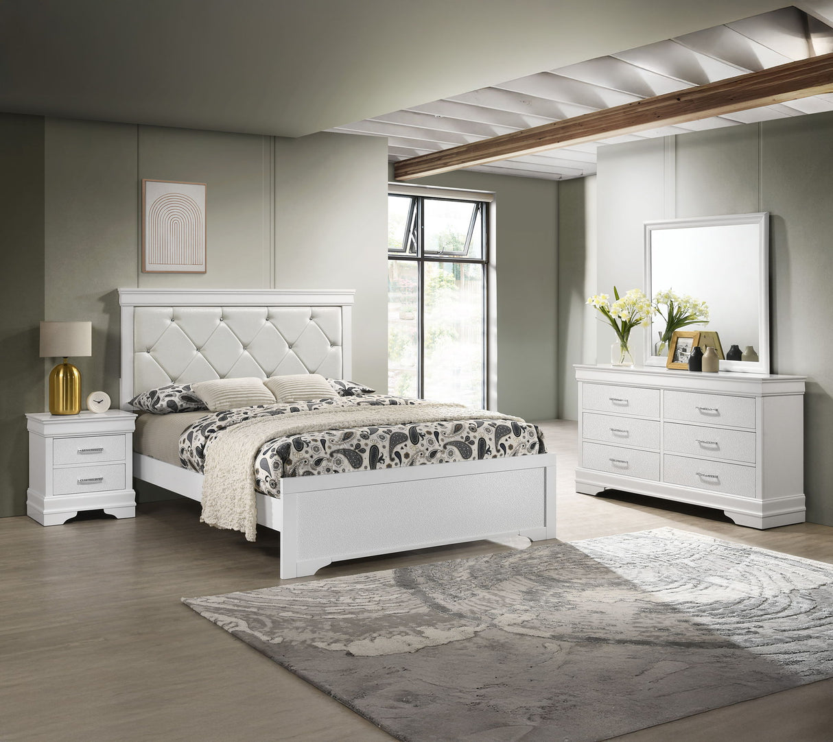 Amalia - Bedroom Set White 4 Pc. Bed, Dresser, mirror, Nightstand by Crown Mark | Bel Furniture
