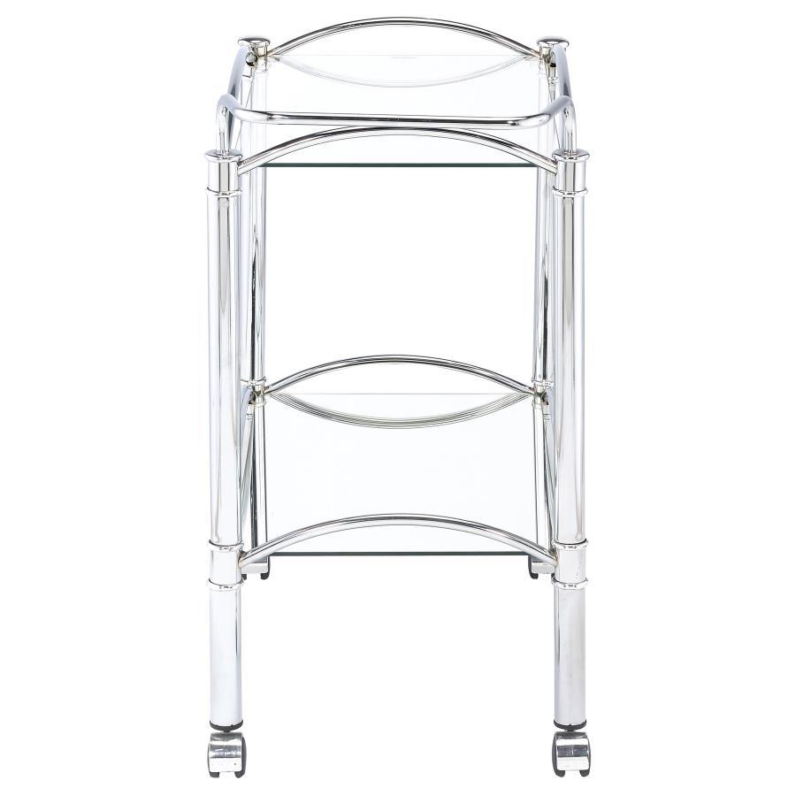 Shadix - 2-Tier Rectangular Glass Shelf Metal Bar Cart - Chrome by CoasterEveryday | Bel Furniture