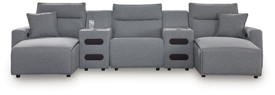 Modmax - Salt And Pepper - Reclining Sectional Gray 5 Pc. Double Chaise Power Reclining Sectional With 2 Audio Consoles by Signature Design by Ashley® | Bel Furniture