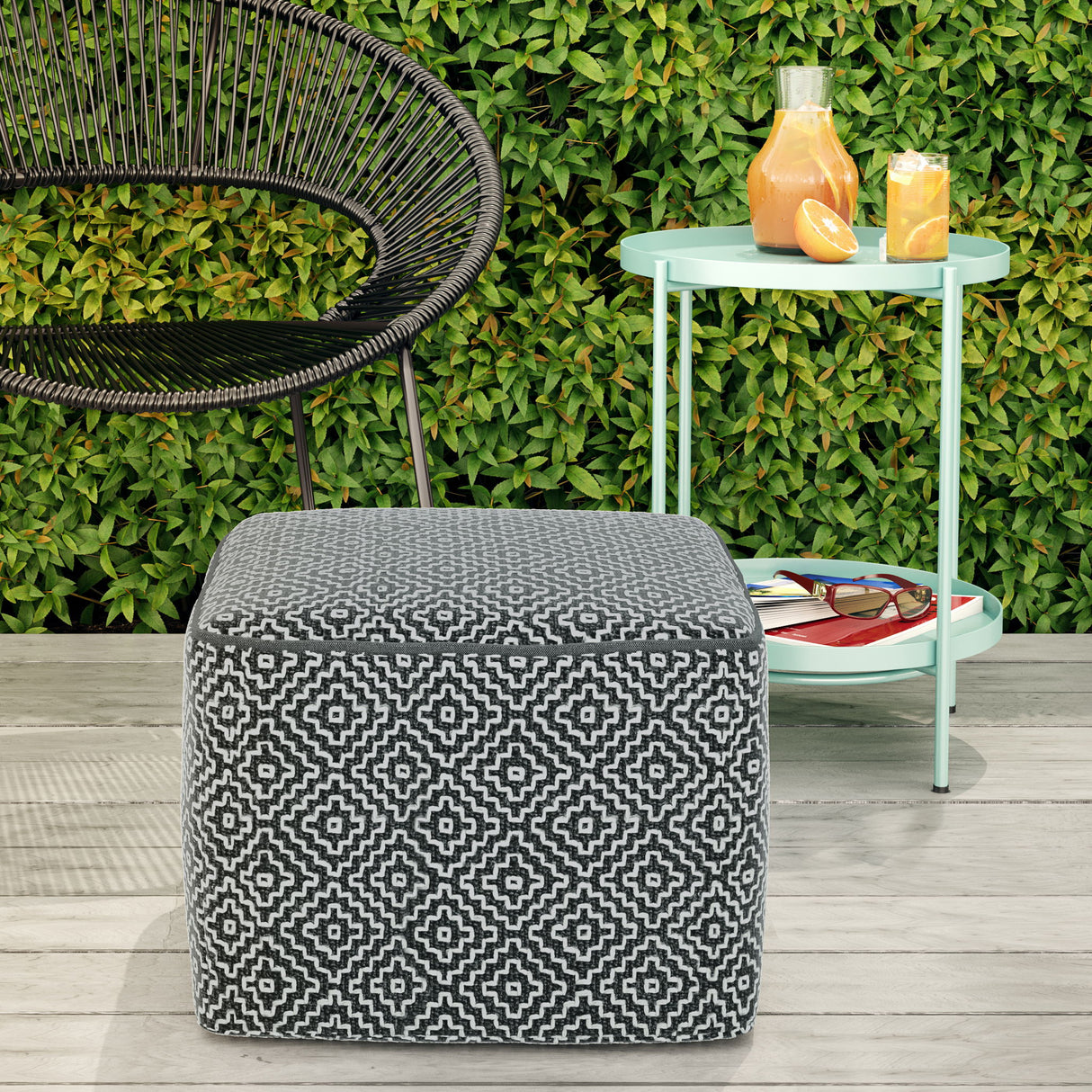 Briella - Square Woven Outdoor / Indoor Pouf - Gray / White by Simpli-Home | Bel Furniture