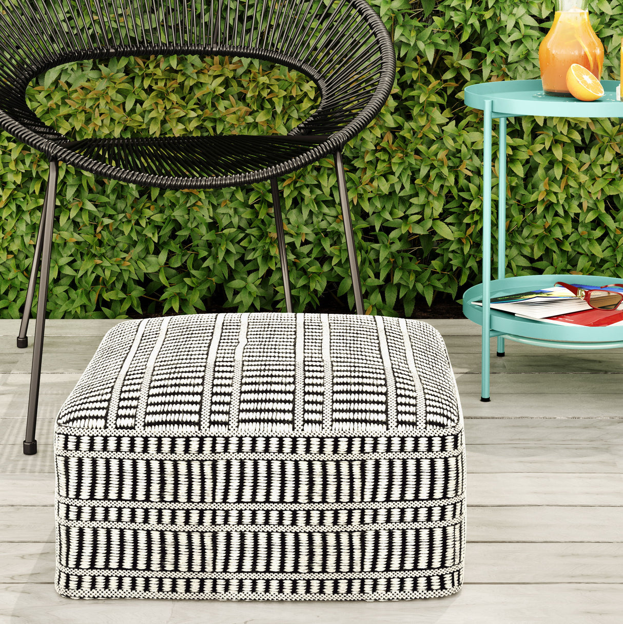 Safford - Square Woven Outdoor / Indoor Pouf - Black / White by Simpli-Home | Bel Furniture